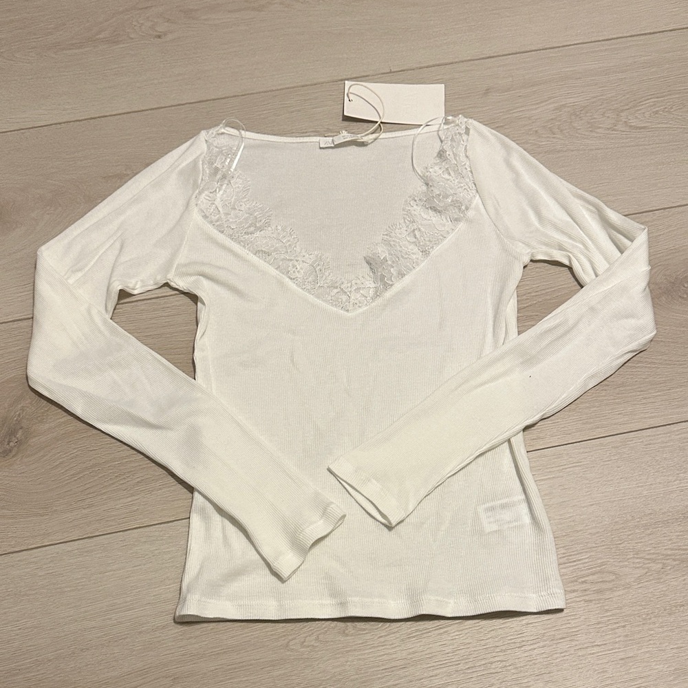Zara White Lace Trim Long Sleeve Top